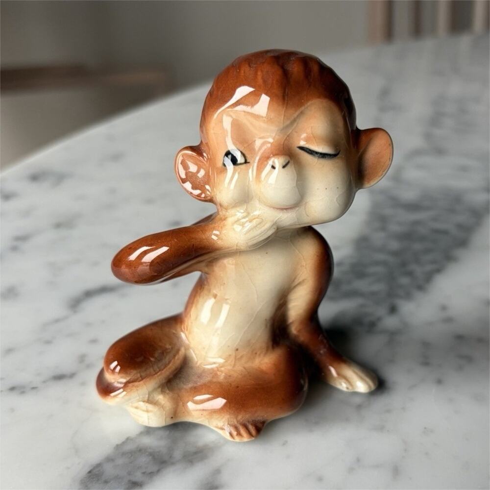 Ceramic Monkey Figurine Brown Winking Sitting Collectible